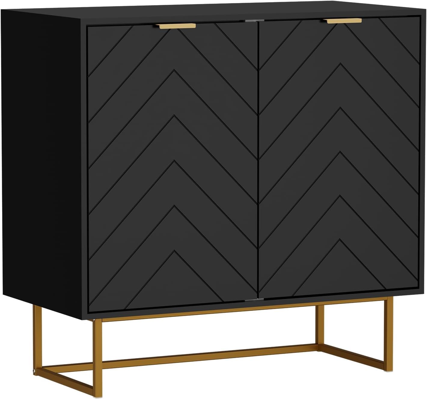 UEV Buffet Bas à 2 Portes, Armoire de Rangement, 80 x 40 x 77,5 cm, Noir | Étagère Réglable à 3 Positions, Support 65kg, Manche et Pieds en Métal Couleur Doré, pour Salon, Chambre, Studio