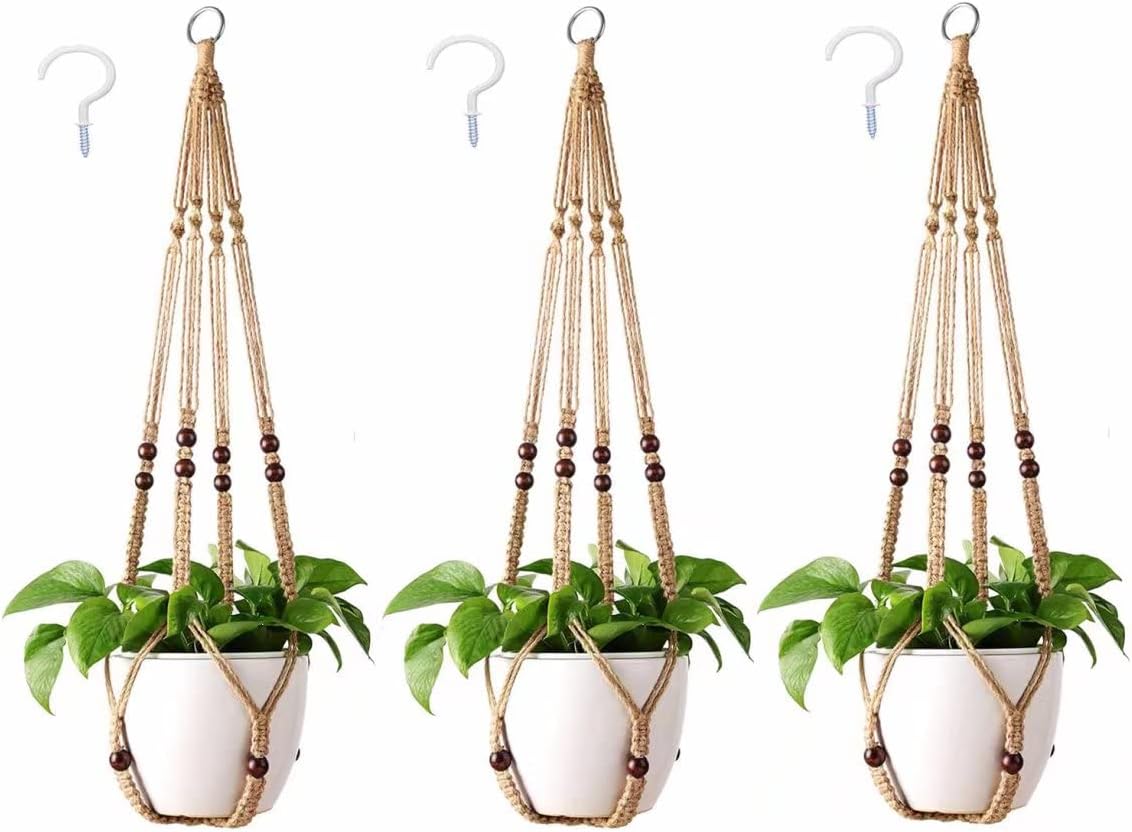 Macrame Plant Hanger 3 Pack Indoor & Outdoor Wall Hanging Planter + 3 Hooks Hang…