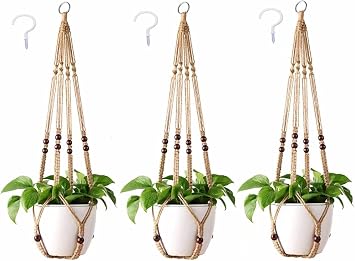 Macrame Plant Hanger 3 Pack Indoor & Outdoor Wall Hanging Planter + 3 Hooks Hanging Planters Basket Cotton Rope 4 Legs 35 Inch Used for Herbs Ferns Ivy Crawling Plants Hanging PlantersBrown