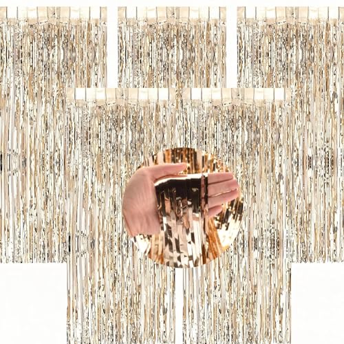 Rideau Métallique à Franges Or Champagne – 5 Pièces Rideaux Paillette Aluminium 1 m x 2 m, Toile de Fond Photo pour Deco Anniversaire, Mariage, Fête,...