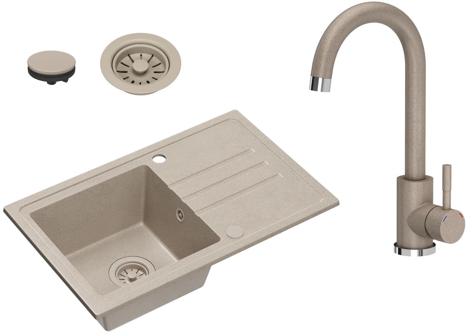 VBChome Lavello da Incasso in Granito Beige 70 x 44 cm – Lavello Singolo Reversibile con Rubinetto e Sifone, Superficie Screziata, per Base da 50 cm