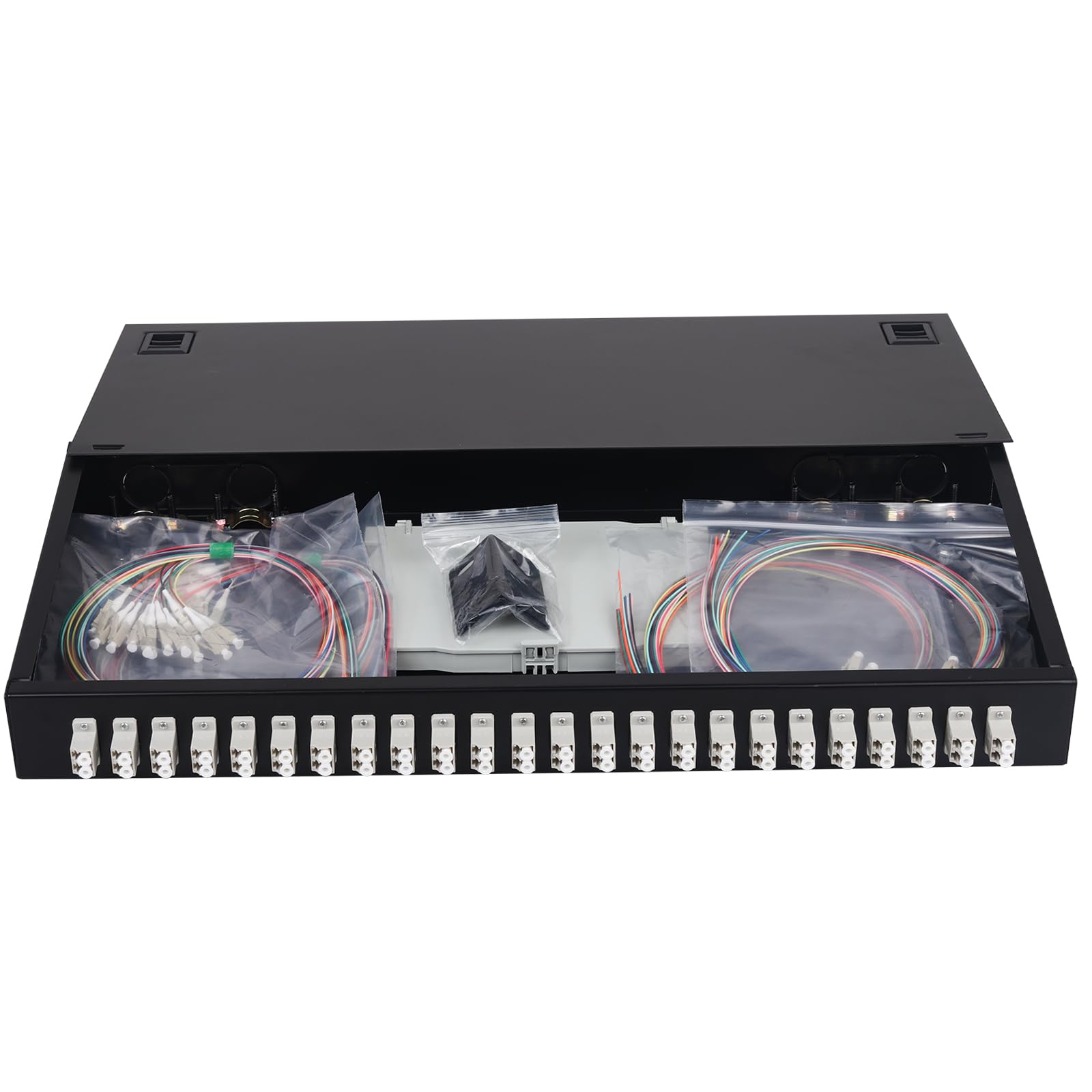 24 Duplex Mutil Mode 48 porte LC-OM2 Rack Mount Enclosure Box + vassoi di giunzione Cavi in fibra LC-UPC Kit, 48 Core LGX Patch Panel Box adatto per armadi rack da 19" (include Pigtail e