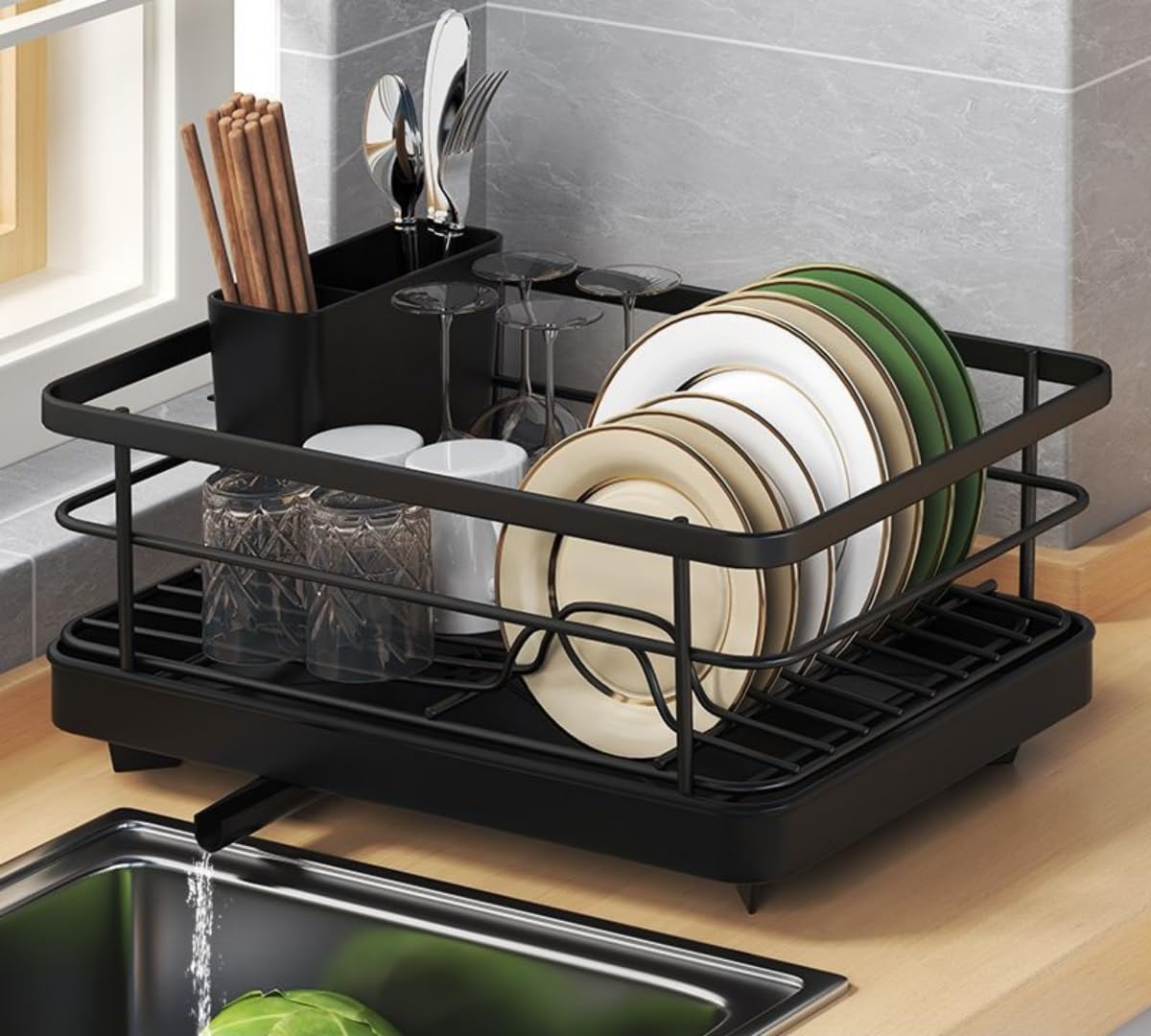TIANQIHAO Stainless Steel Dish Drainer, Adjustable Utensil Holder With Removable Plate Rack, Space-Saving Black Countertop Drying Rack For Kitchen