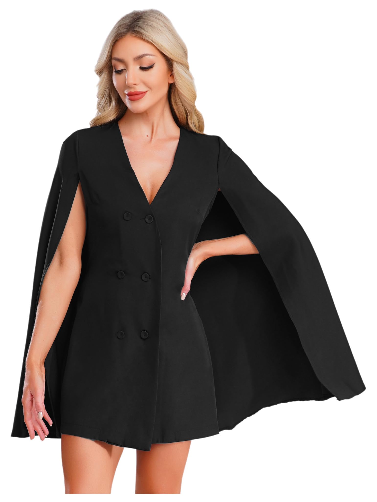 Jelory Office Work Dress with Poncho Cape for Women Blazer Suit with Crossed Buttons for Party