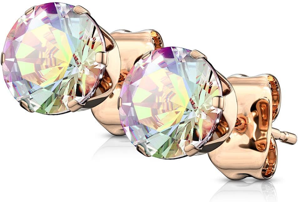 Pair Rose Gold Round Aurora Borealis CZ Earring Studs 316L Surgical Stainelss Steel (Choose Size)