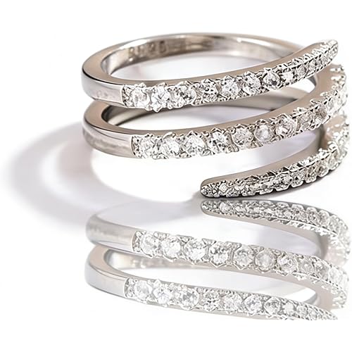 AZQ 925 Sterling Silver Shiny Full Diamond Ring Three Rows Cubic Zirconia Cocktail Rings CZ Diamond Multi Row Ring Eternity Engagement Wedding Band Ring for Women TZ.35