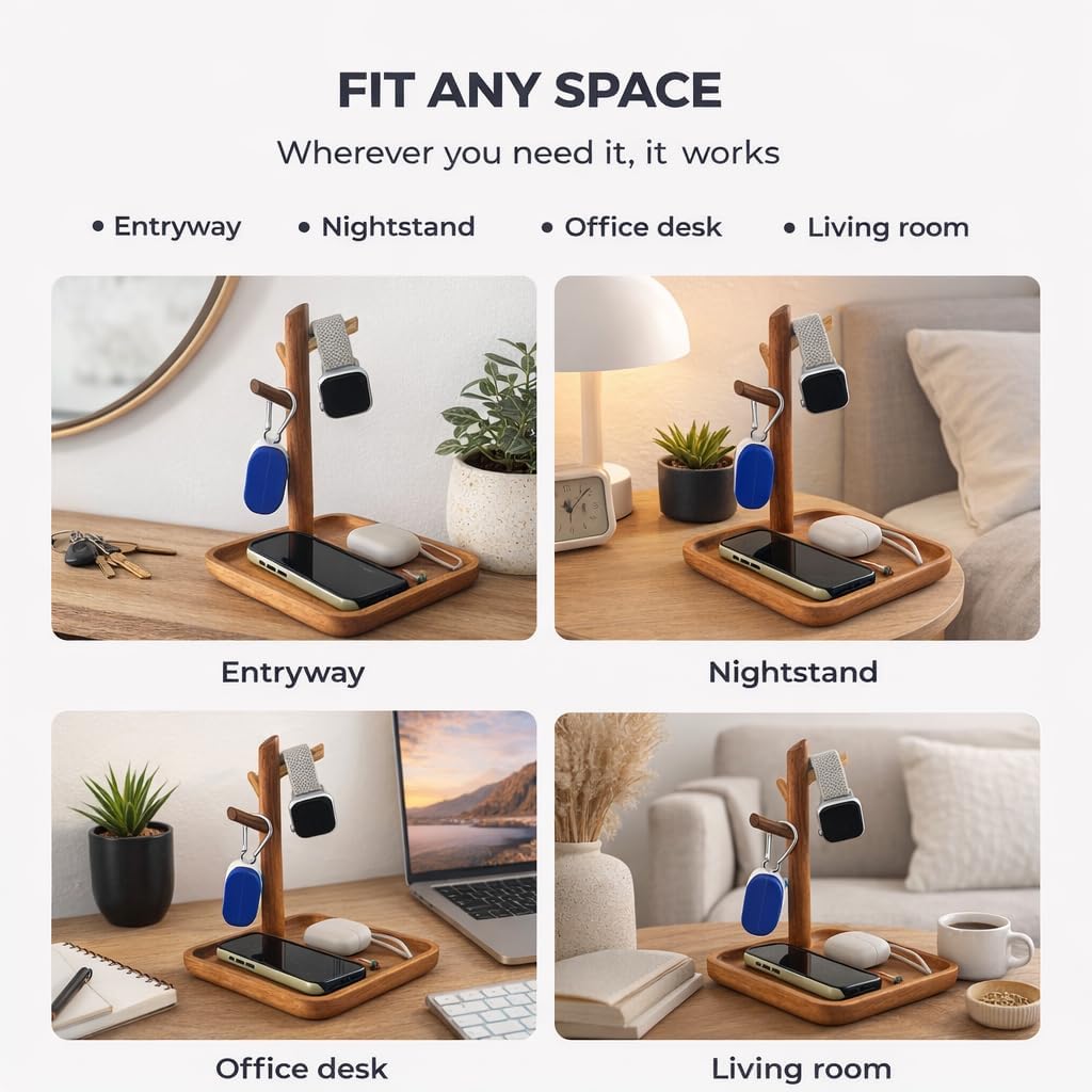 Acacia Wood Key Tray for Entryway Table, Wooden Catchall Organizer with Jewelry Storage Rack, Valet Tray for Keys Wallet Watches Sunglasses Rings(Square)