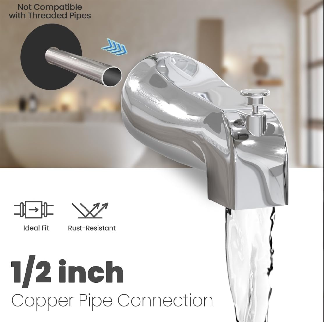 Slip Fit Tub spout with Diverter, Compatible with American Standard 8888026.002 Tub Spout, Bathtub Faucet, Fit 1/2 inch Copper Water Tube Polished Chrome Bathtub Faucet with Shower Diverter