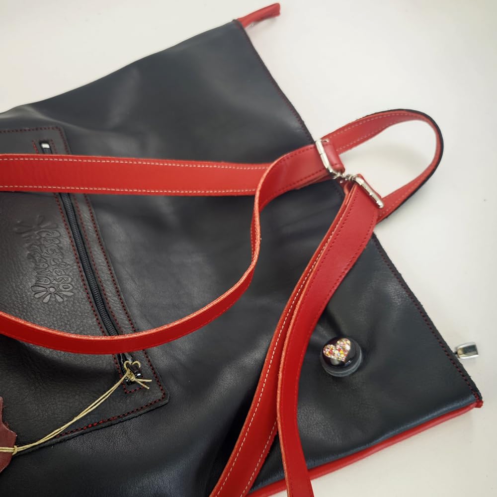Mochila bolso antirrobo de piel Rojo/Negro, Mochila de piel auténtica en rojo y negro