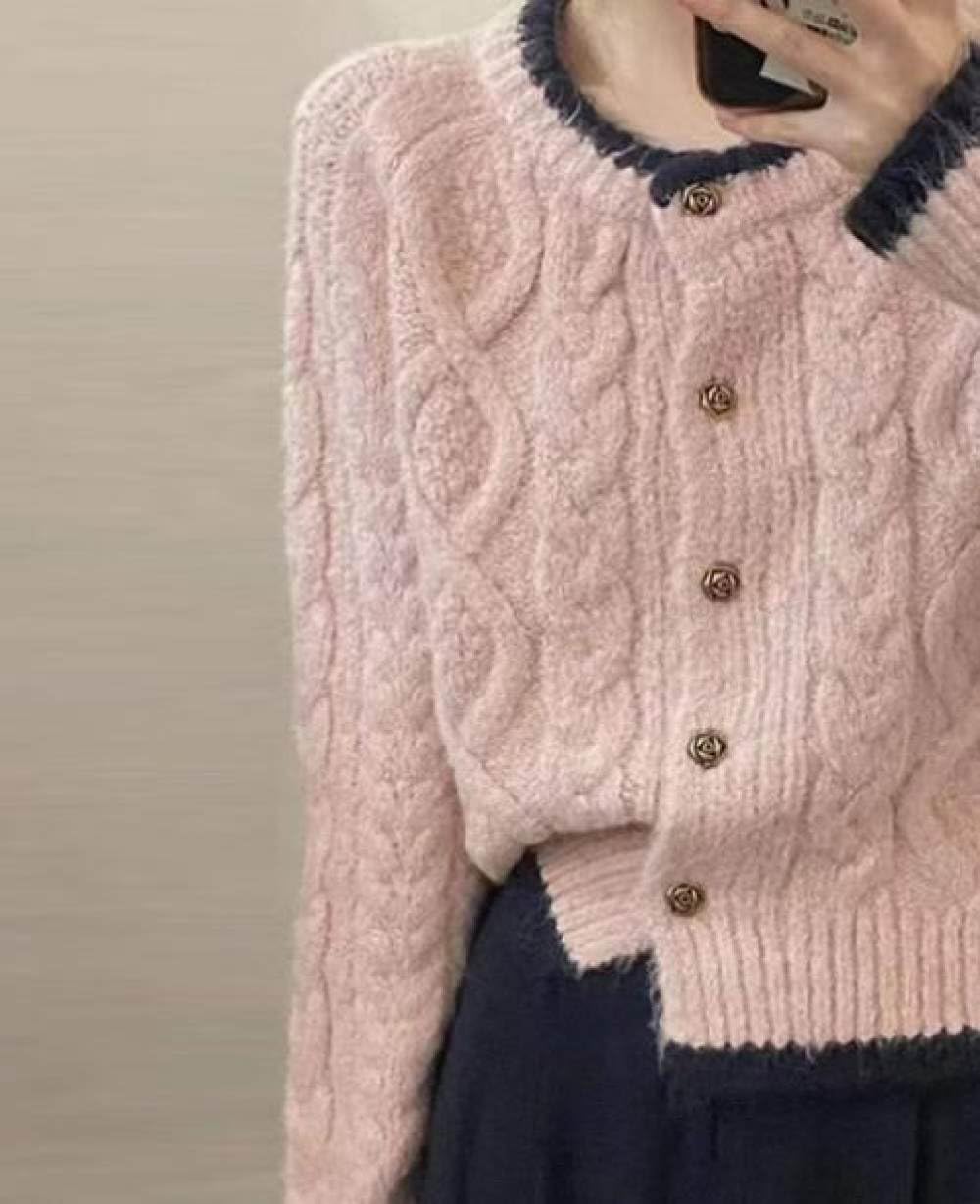 HGJH Strickjacke Für Damen,Lässige Strickjacke Mit Zopfmuster,Knöpfe,Pullover Vorne Offen,Cardigan,Elegante Übergangsjacke,Leichter Kimono Mantel,Outwear Herbst Winter,M