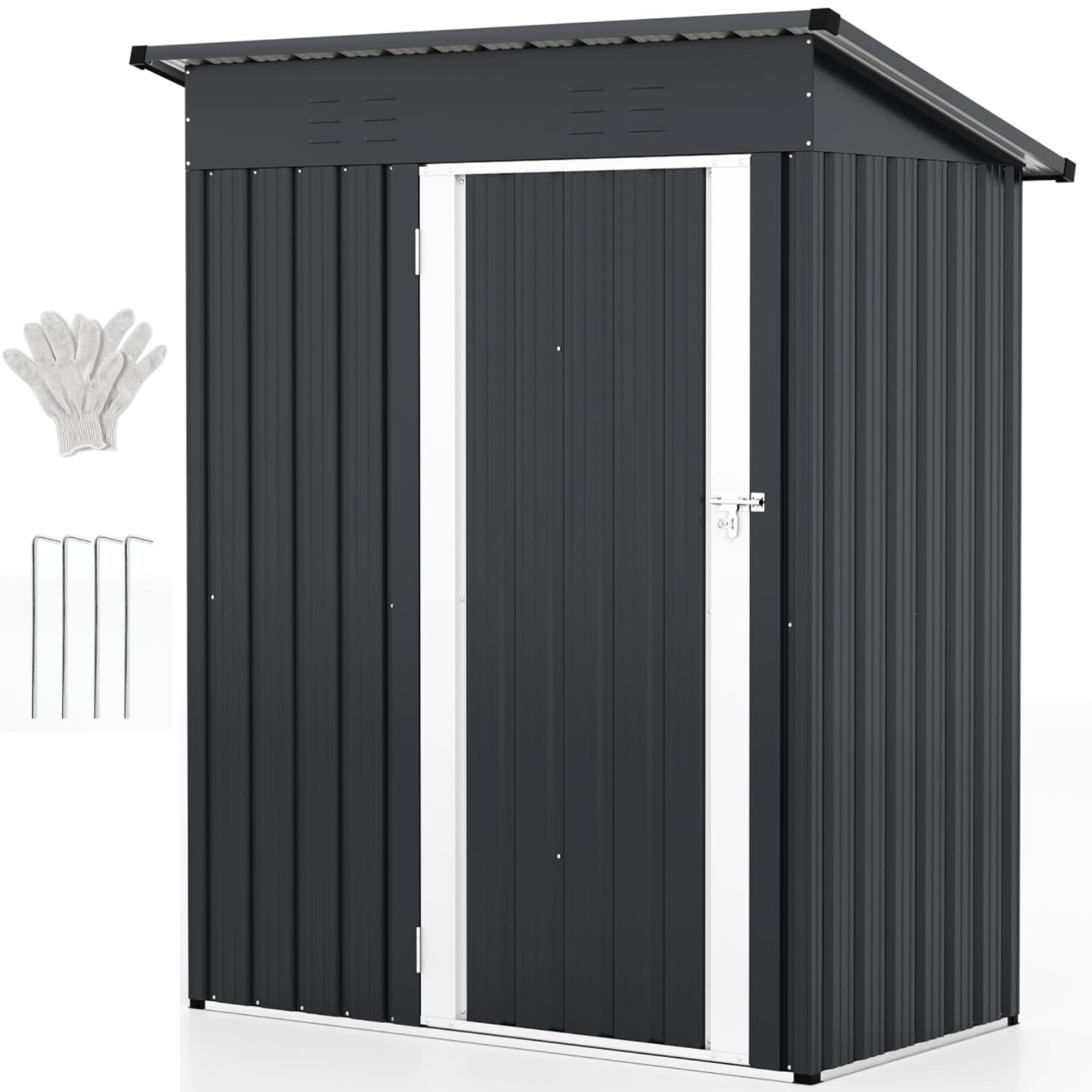 GiantexUK 5x3FT Metal Garden Shed, Galvanized Outdoor Storage Shed with 2 Air Vents, Lockable Door & Slope Roof, Utility Tool House Building for Backyard Patio Garbage Bike (153x91x181cm, Grey+White)