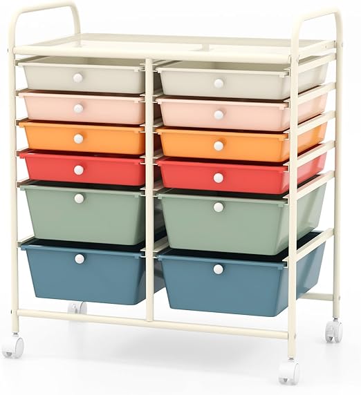 COSTWAY 12-Drawer Rolling Storage Cart, Moveable Art Craft Organizer W/Lockable Wheels, Metal Shelf, Files Arrangement Tools Makeup Storage Cart for Office, Home, School, Macaron