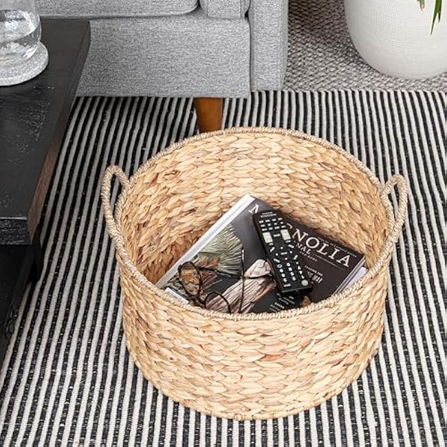 Household Essentials Round Handwoven Water Hyacinth and Seagrass Basket with Handles, Natural