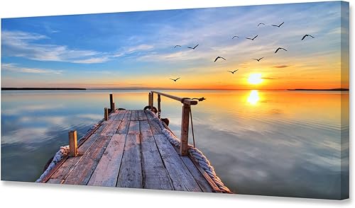 Baisuwallart S05962 - Lienzo decorativo para pared, diseño de pájaros voladores, puesta de sol, 1 panel, pintura de paisaje de mar, puesta de sol