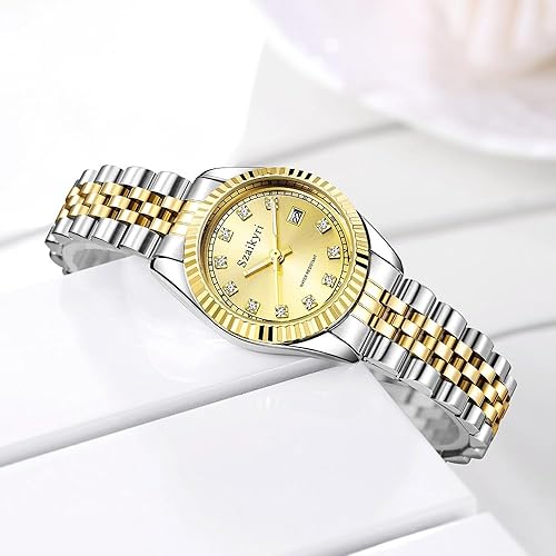 Miniatura 5 de Reloj clásico para mujer con banda de acero inoxidable sólido, reloj de vestir para mujer, reloj con calendario