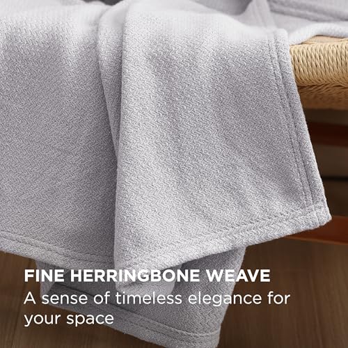 Image of Bedsure 100% Cotton Blanket, Herringbone Weave, Full, Cool Grey