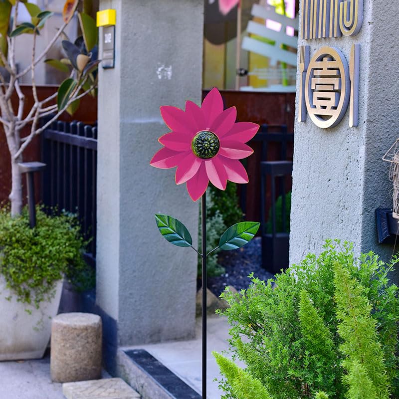 Sunflower Wind Spinner Outdoor Decor, Metal Wind Sculpture with Garden Stake, Spinning Iron Windmill for Patio & Yard (Pink)