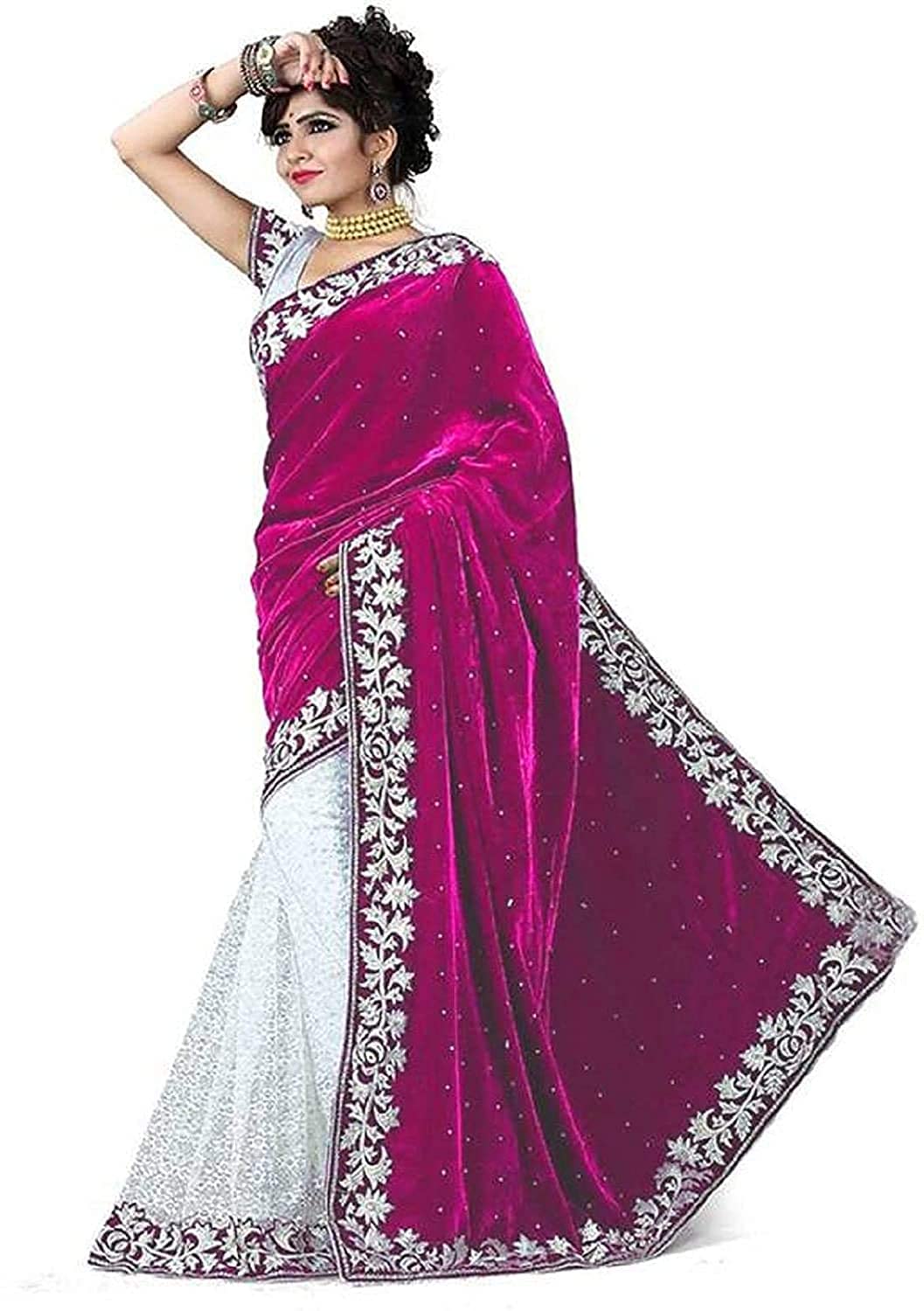Women's Velvet and Brasso Half-Half Saree with Blouse Piece