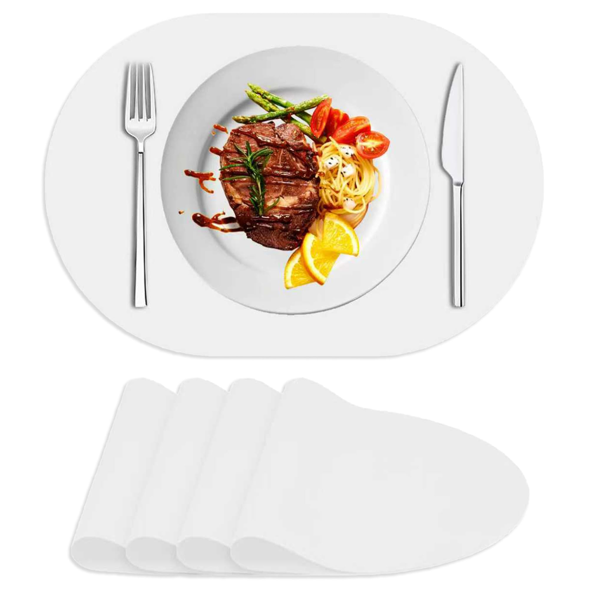 Siliconty Tovagliette in Silicone Ovali Set di 4, Tovagliette Resistenti al Calore, Sottopiatti Antiscivolo per Tavolo, Impermeabili e Facili da Pulire, 43cm x 30cm x 0.7mm LSR Traslucido(Bianco 4pcs)