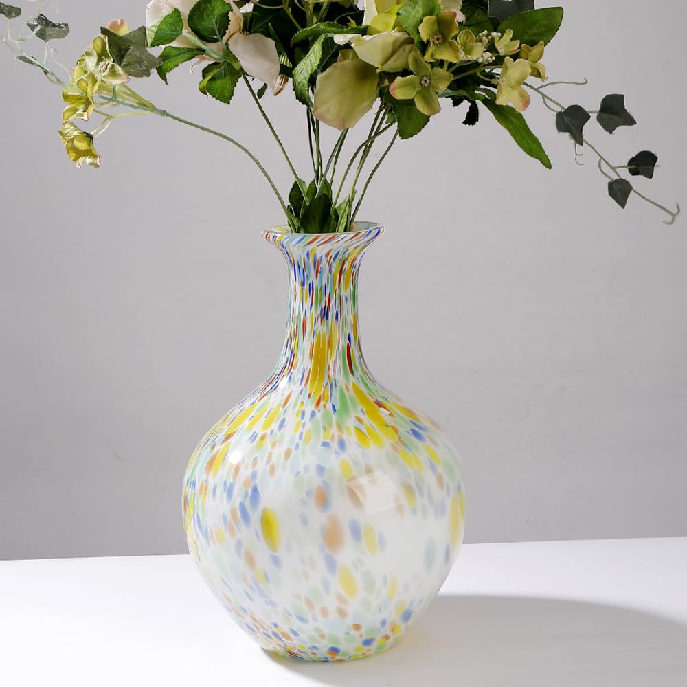 Jarrón de cristal de Murano redondo soplado a mano, 12.5 pulgadas de alto, jarrón de vidrio de boca ancha para mantel, centro de mesa, entrada, sala de estar, decoración de boda, decoración de cristal