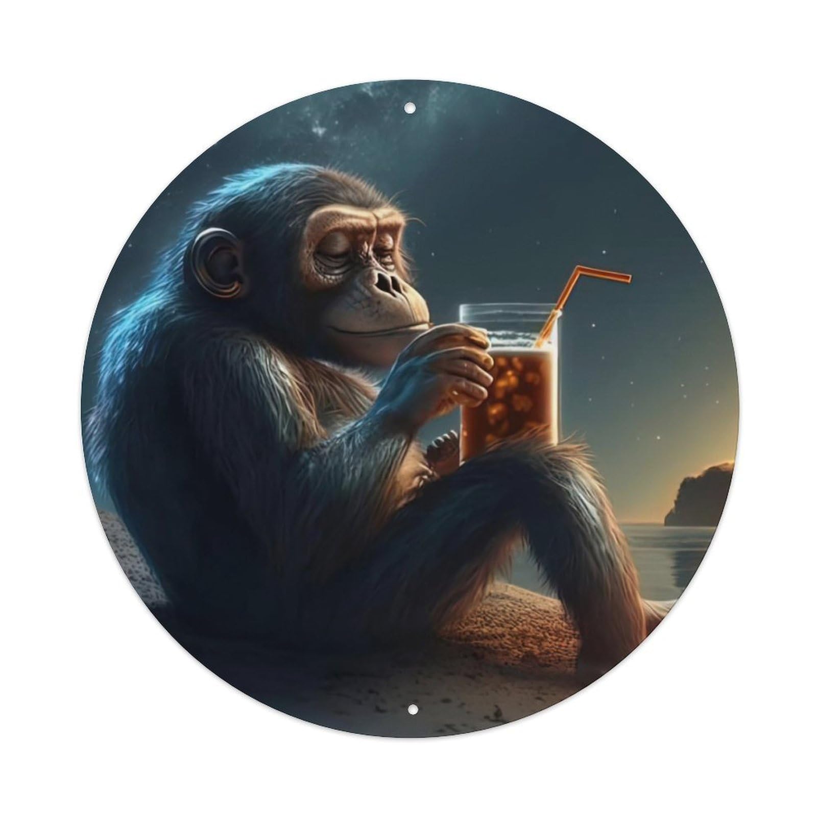 Animal Artwork Orangutan Drinking at The Beach Vintage Metal Tin Sign Plaque Wall Decor for Cafe, Club Bar, Office, Garden Metal Poster 8x8Inch