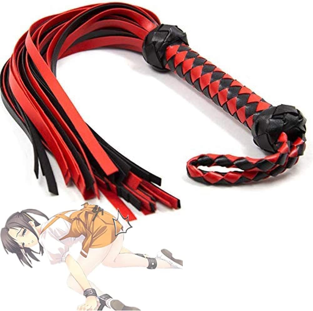 Fluoro Látigo de Entrenamiento con borlas de Cuero Rojo y Negro para Cosplay de Fiesta