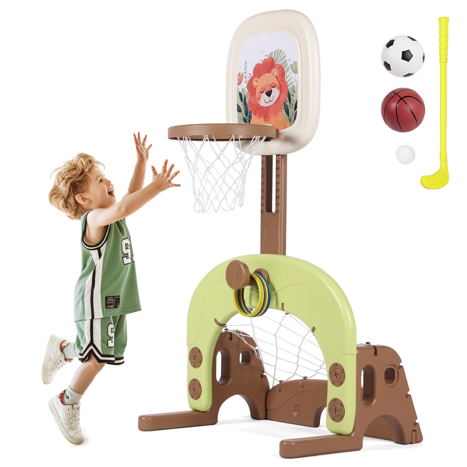 3-in-1 Basketballkorb-Set für Kinder, höhenverstellbares Sportaktivitätscenter mit Basketball, Fußball und Ringwurfspiel, Indoor-Outdoor-Spielzeug für Jungen und Mädchen ab 3–6 Jahren