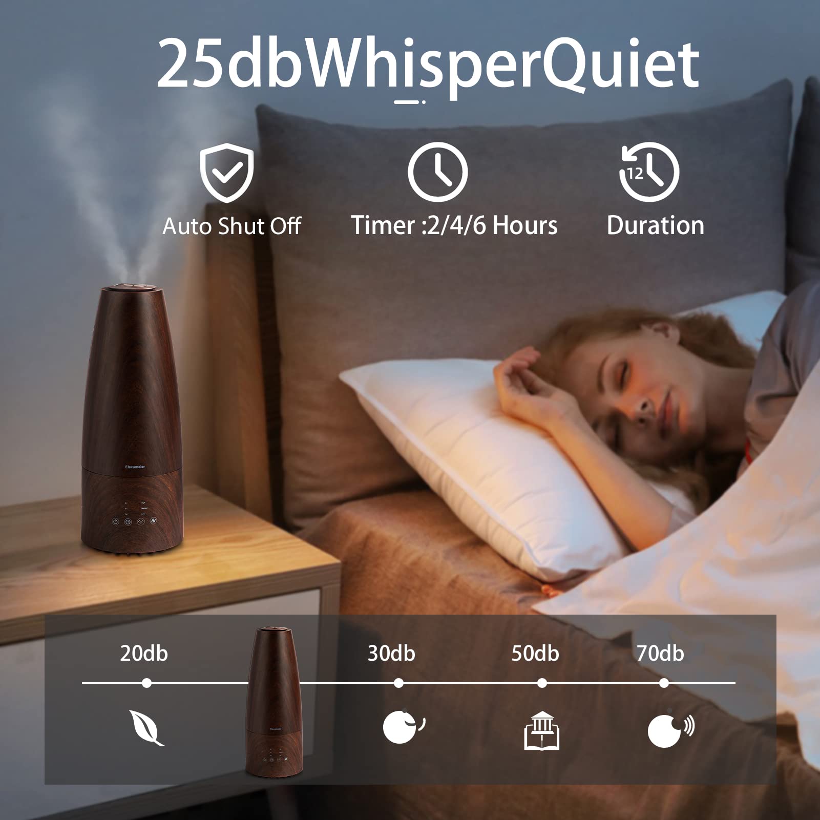 Cool Mist Humidifier,Elecameier Air humidifier for Home/Bedroom with Remote Control 2.3L Smart Air Humidifier for Desk/Office/Bedroom 25dB Whisper Quiet with Auto Shut off dark wood