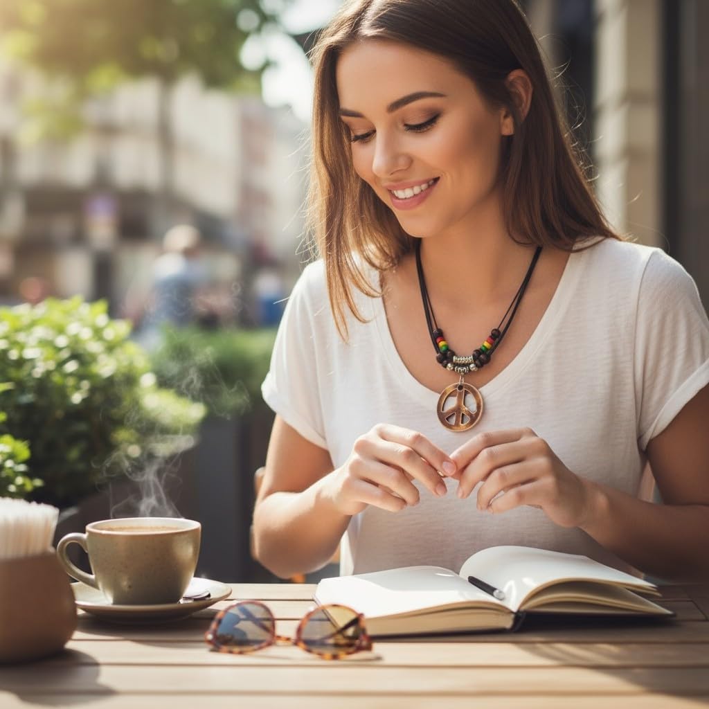 LAVIP Leather Peace Sign Pendant Double Layers Peace Symbol Brown Pendant Necklace Coconut wood Beads - Image 8