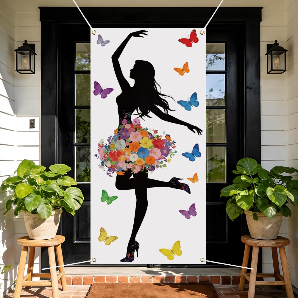 arricraft 1pc Fairy Theme Door Cover, 72.83"x35.43" Floral Fairy Butterflies Pattern Backdrop Banner Door Porch Sign Photography Background for Party Porch Home Decor Accessories