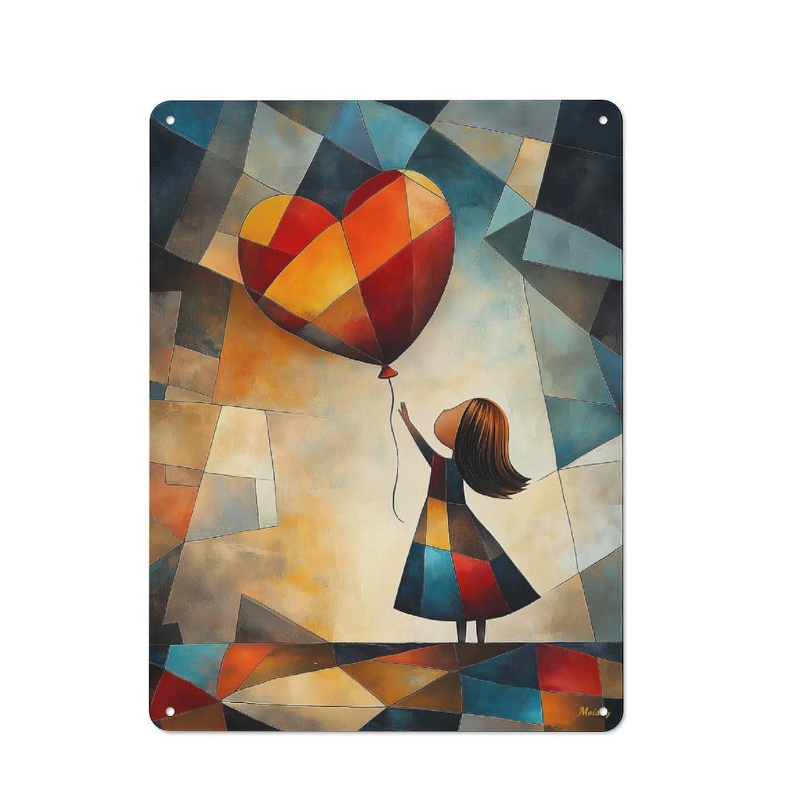 Vintage Tin Sign 40x30cm with Modern Cubist Vision of Girl with A Balloon for Café Or Restaurant, Suited to Wall Displays in Cafés And Restaurants