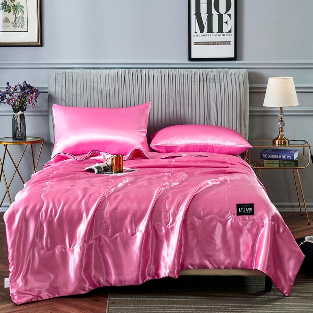 Mateju Silk Satin Coverless Duvet for Summer King Double Single,Cool Quilt Blanket Cosy and Lightweight Quilt, Soft and Comfortable Duvet Ideal for Bedspreads Throw (Pink,150 * 200cm)