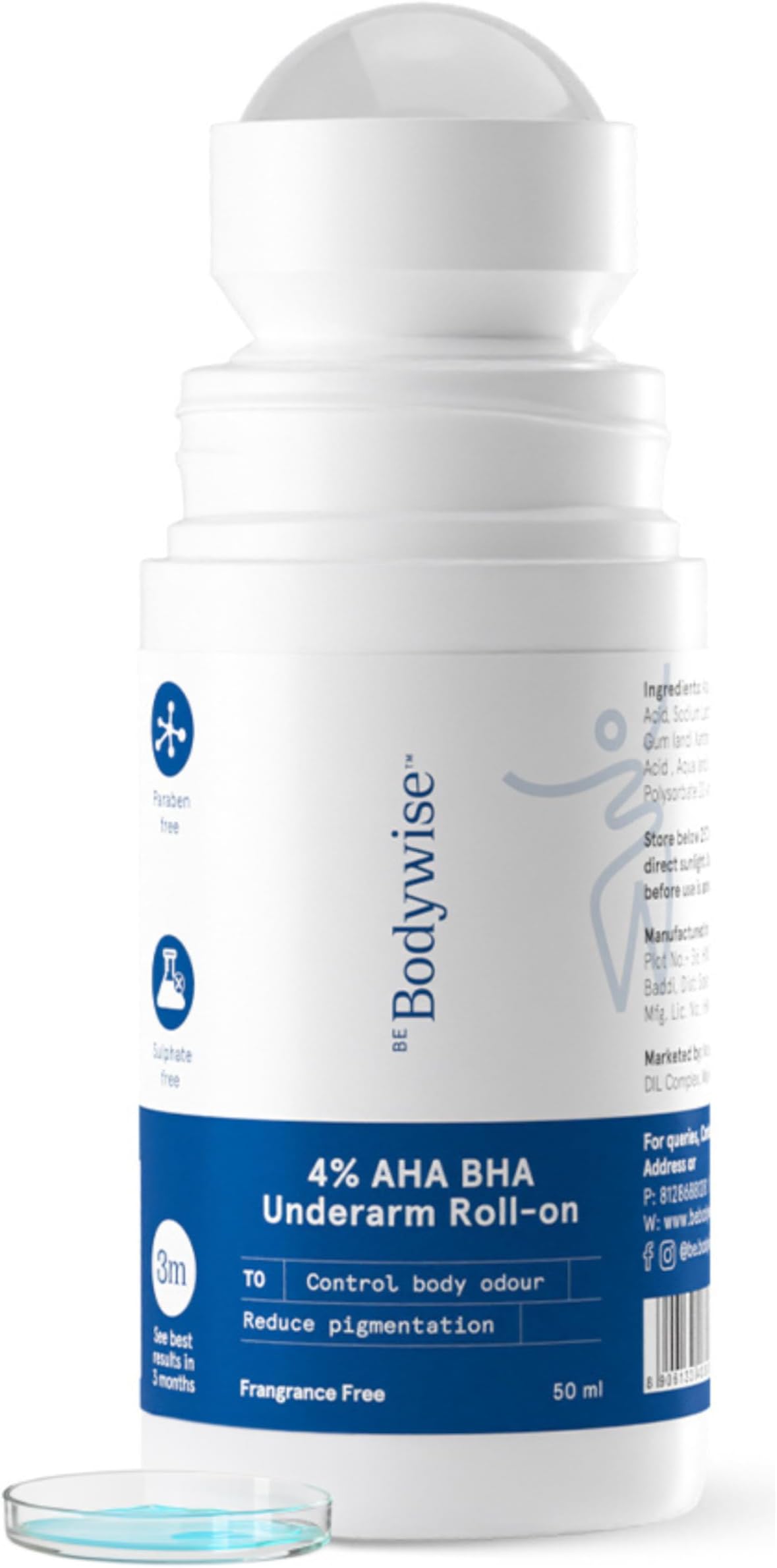 Underarm Roll On | 4% AHA BHA I 1% Salicylic Acid, 2% Lactic Acid | Prevents Odour, Pigmentation | Brightens Skin, Kills Bacteria I Long Lasting I All Skin Types I No Fragrance l 50ml