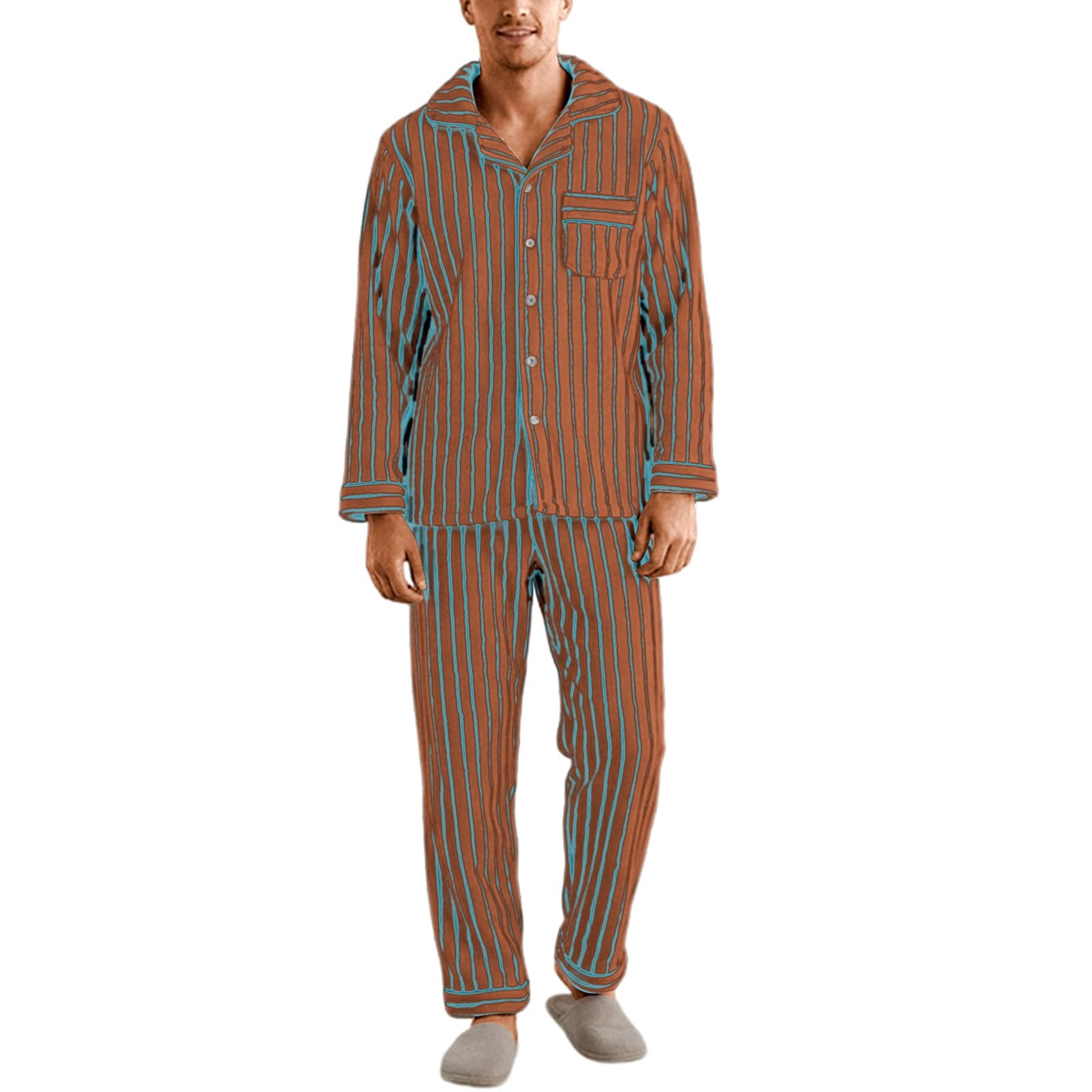 Pigiama da uomo, lungo, invernale, a maniche lunghe, in due pezzi, per pigiama, 2 pezzi, morbido, da notte, set da notte