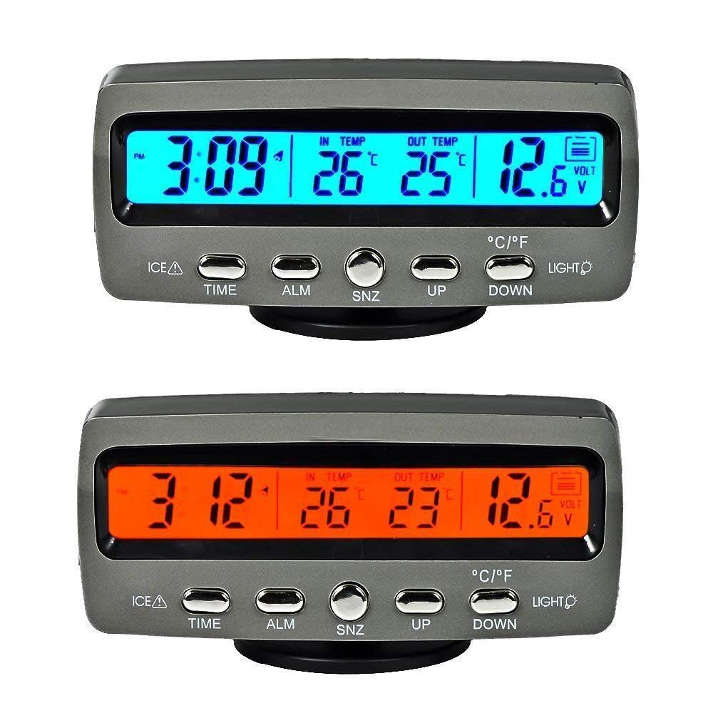 Thermomètre numérique intelligent multifonction pour voiture, thermomètre extérieur Fahrenheit Celsius double écran LCD avec rétroéclairage LED bleu/orange, fonction horloge/calendrier/tension