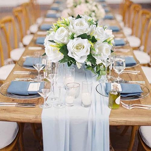 Miniatura 2 de LANLONG 2 ramos de flores falsas, 15 cabezas de rosas de plástico con base, flores artificiales para ramos de boda, centros de mesa, fiesta, día de