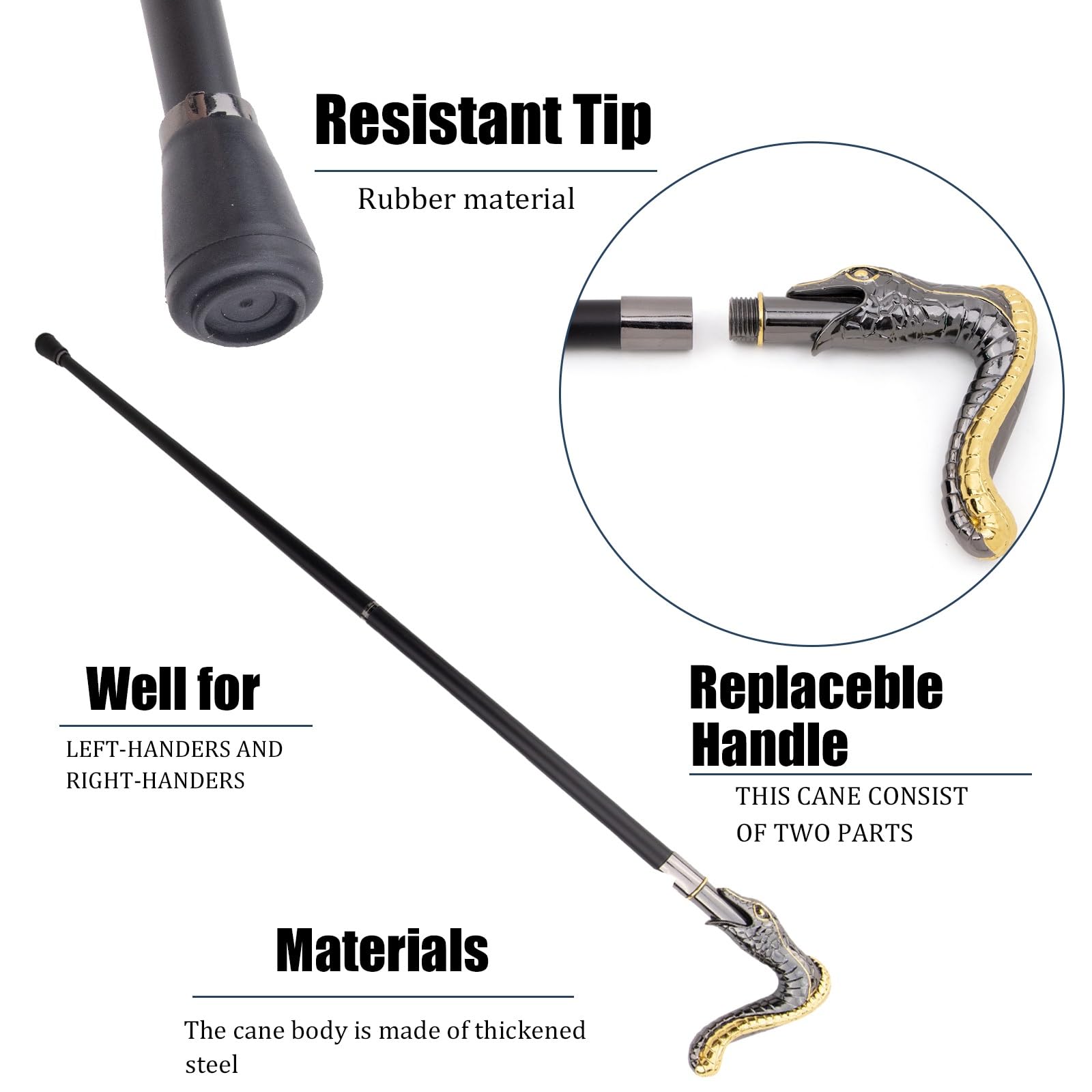 Bastón con Cabeza de Serpiente de Boca Abierta, con 4 Puntas Antideslizantes Extraíbles, Bastón de Lujo para Hombre y Mujer, para Fiestas de Disfraces y Eventos Vintage 93 Cm(Gold)