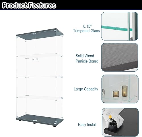 Miniatura 9 de Vitrina de cristal con 4 estantes con 1 puerta, gabinetes Curio de cristal de instalación rápida, estilo de instalación rápida, estantería de pie