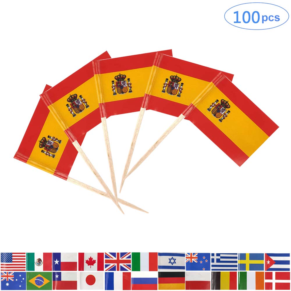 Europe Country Spanish Toothpick Flag, Spain Flags, 100 Pcs Cupcake Toppers Flag, Small Mini Stick Flags Picks Party Decoration Celebration Cocktail Food Bar French Cake Flags