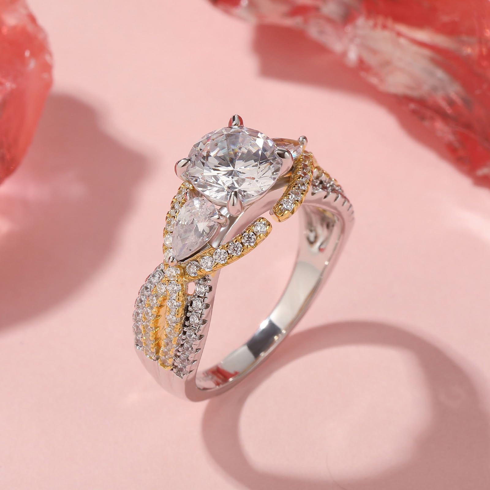 Jeulia Bague de proposition en argent sterling pour femme : deux tons floral taille ronde diamant éternité bague de fiançailles promesse mariage bague de fiançailles anniversaire bijoux cadeau