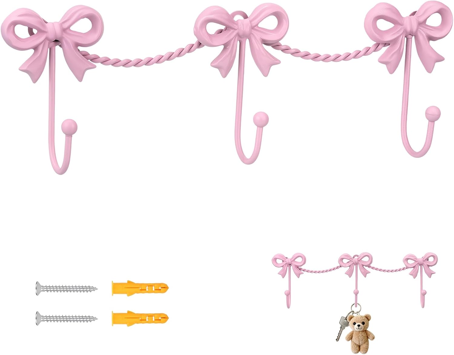 Bow Hooks Gold Bow Wall Hook, 3 Bow Knot Coat Hooks Metal Bowknot Towel Hooks Door Hanger Holder for Wedding Bathroom Bags Coats Hats Coffee Mugs Room Kitchen Decor (Pink)