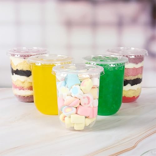 Miniatura 9 de Vasos desechables de plástico transparente de 17 onzas con tapas planas, perfectas para bebidas frías, café, batidos, postres, paquete de 50 unidades