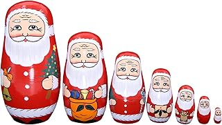 Apol Set of 7 Cute Santa Claus Bringing Gifts Pattern Nesting Dolls Handmade Wooden Matryoshka Crafts Russian Doll for Kids Toy Children Christmas Birthday Gift Home Decoration