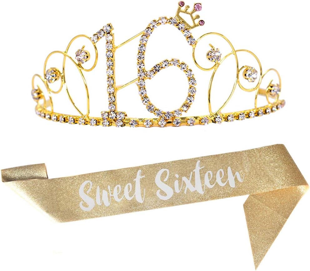16th Birthday Kit Gold Tiara and Sash Glitter Satin Sash and Crystal Rhinestone Tiara Crown for Happy 16th Birthday Party Supplies Favors Decorations 16th Birthday Party Accessories