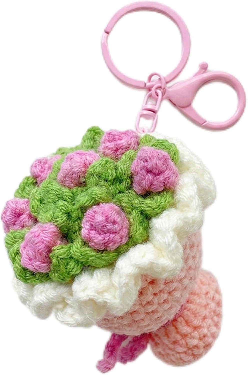 Handmade Crochet Rose Bouquet Keychain, Cute Red Knitted Flower Keyring, Yarn Bag Charm, Unique Gift for Women