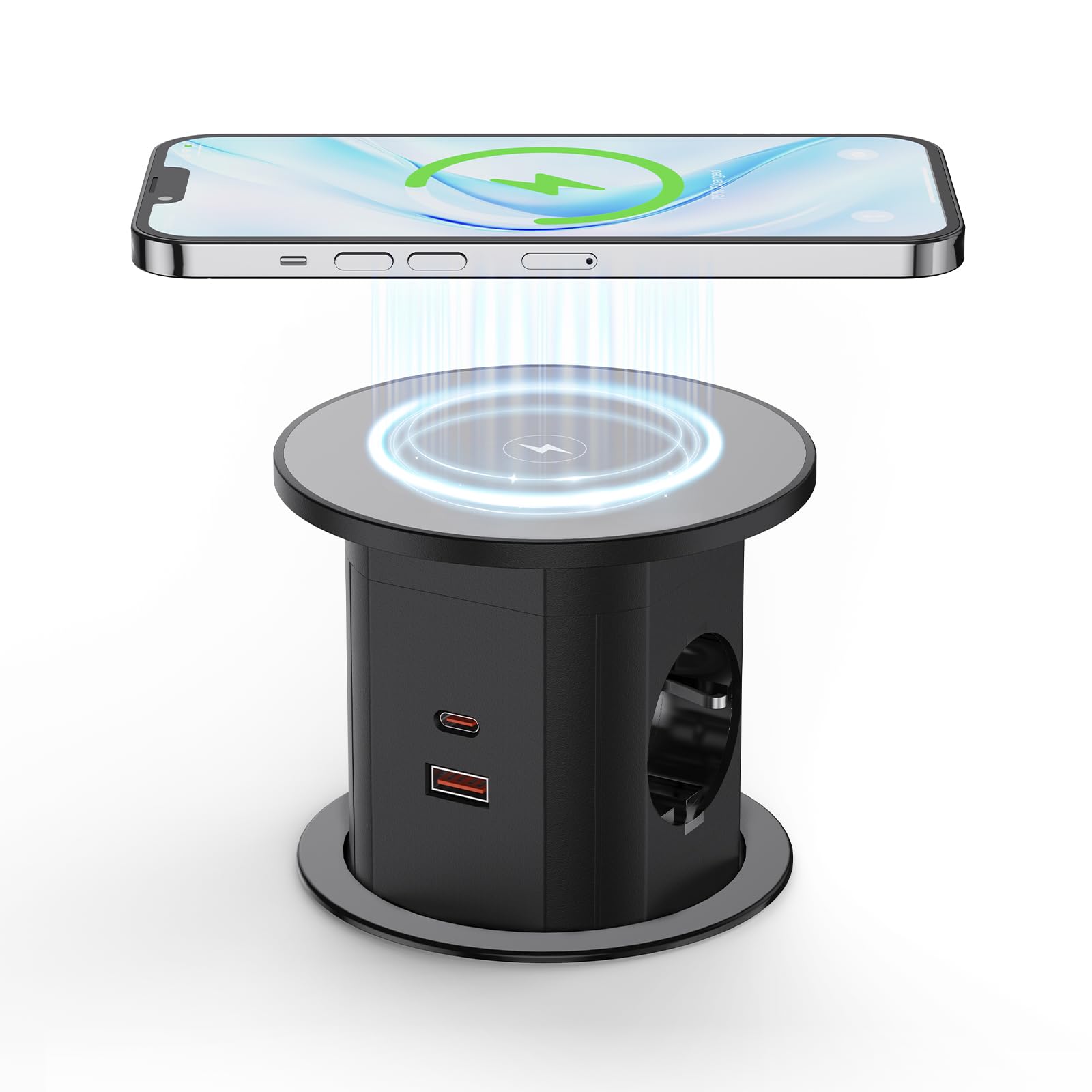 Versenkbare Steckdose mit 15W kabellosem Laden, USB-C PD 20W, Ø85 mm | 2 Schuko, 2 USB-C, 2 USB-A je 18W, Überlastschalter, 1,9 m Kabel, für Schreibtisch, Küche und Arbeitsplatte