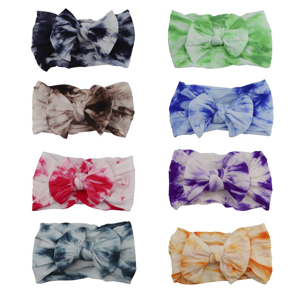 GUIFIER 8 Pack Baby Girl Nylon Bow Headbands Elastic Head Band Hairbands Newborn Soft Head Wraps Turban Knot Hair Hoops for Toddlers Little Girls Photo Props