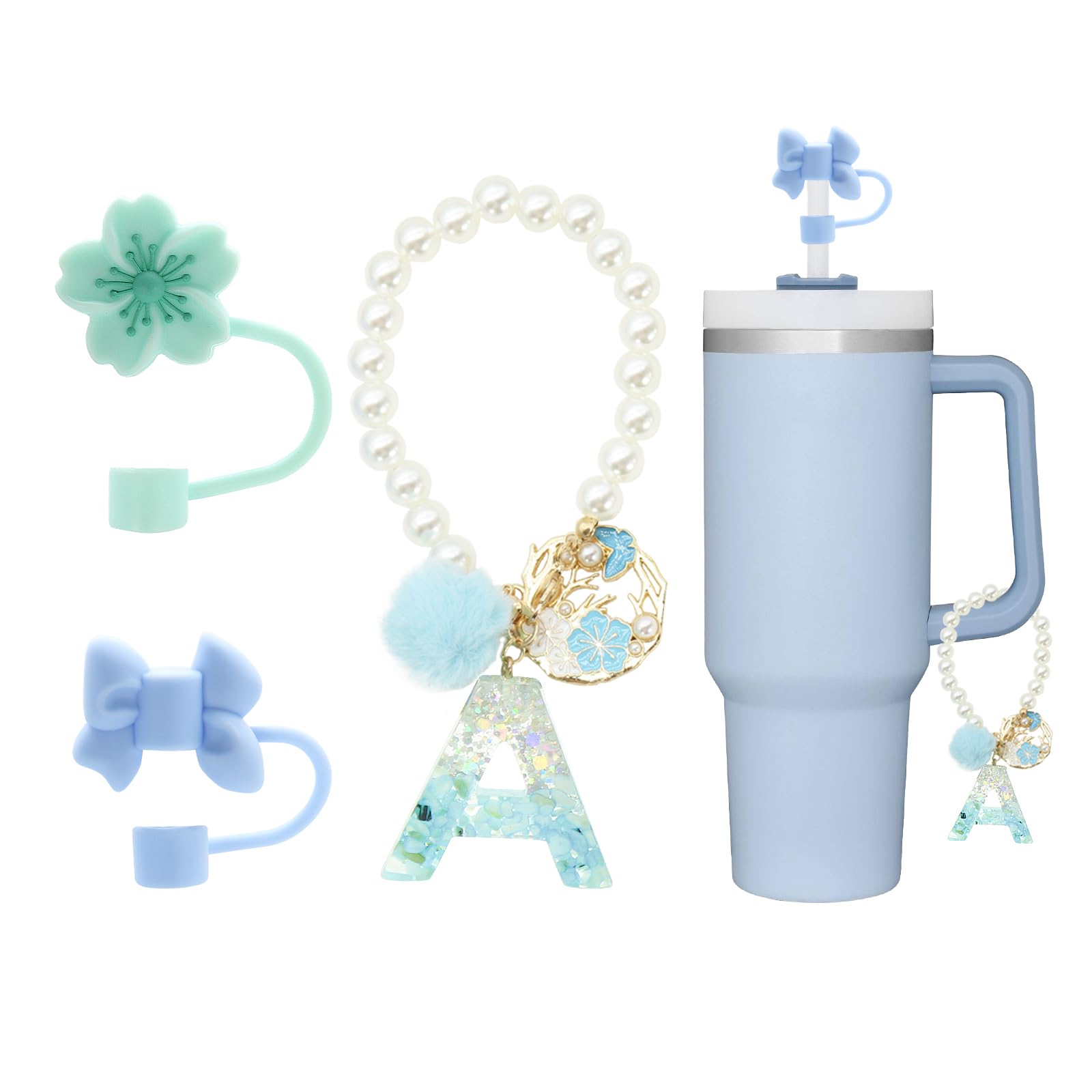 RENUIS 4Pcs cute blue straw toppers for stanley cups,Letter Charm Accessories for Stanley Cup,Name ID Initial Letter for Stanley 30&40 oz Tumbler with