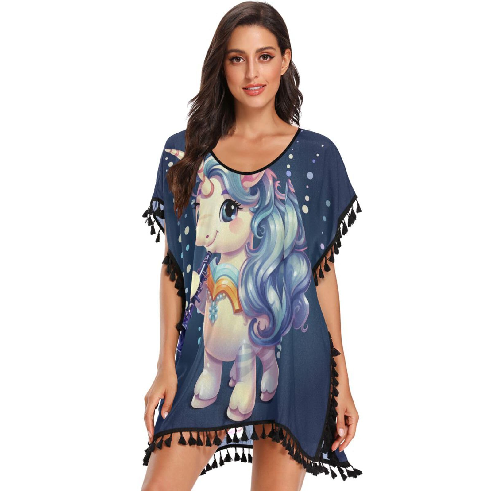 Cartoon Unicorn Purple Women's Beach Cover Up Chiffon Tassel Swimwear Swimsuit Coverups for Girl