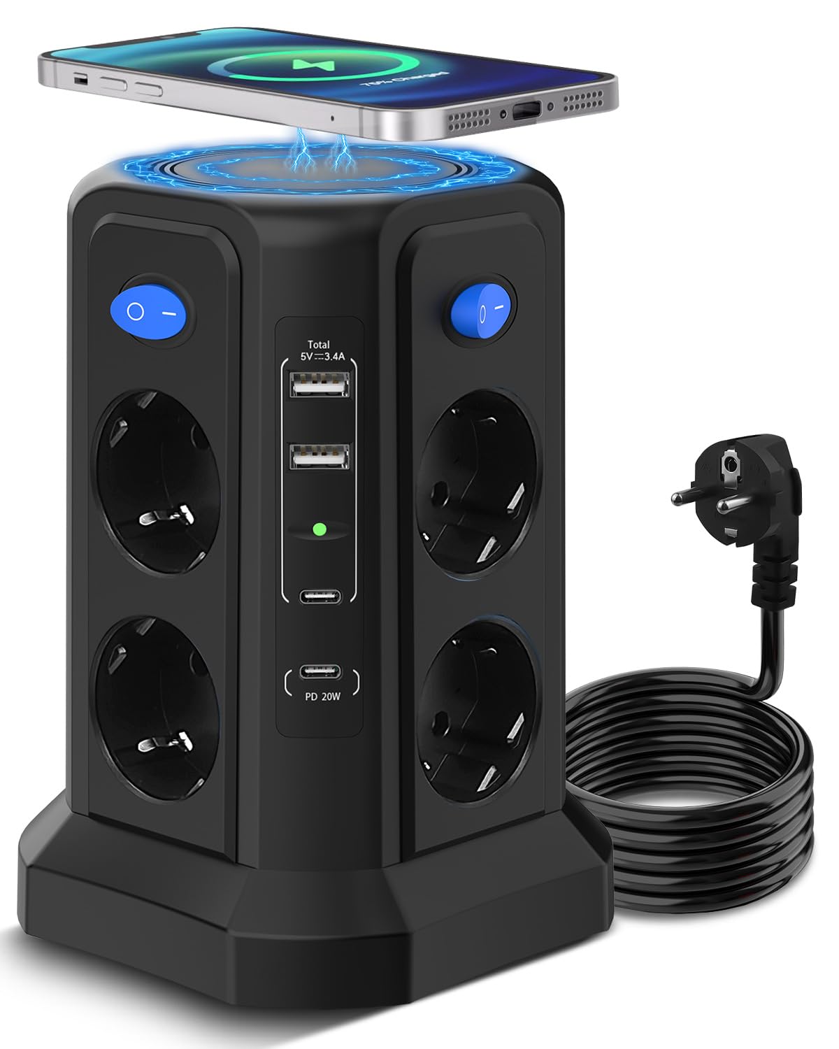 Regleta múltiple 13 en 1 de 3 m con carga magnética, regleta de 8 enchufes con carga rápida USB C de 20 W, 4 conmutación individual y protección contra sobretensiones, para oficina, hogar, juegos